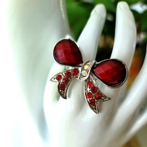 Fashion Silver Color Faceted Bead and Crystal Red Bow Ring